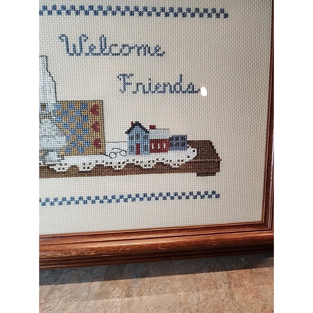 Vintage Framed Cross Stitch Wall Art Welcome Friends Yak 1991 Lantern 13.5x12